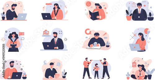 Diverse individuals engage in various work and leisure activities, depicted artistically