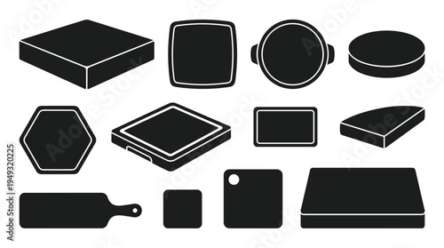 A set of twelve black silhouette icons representing various kitchen boards and containers is displayed on a plain white background.