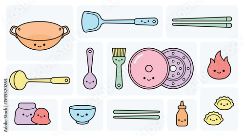 A collection of cute kawaii-style kitchen utensils with smiling faces is arranged in a grid against a light background.