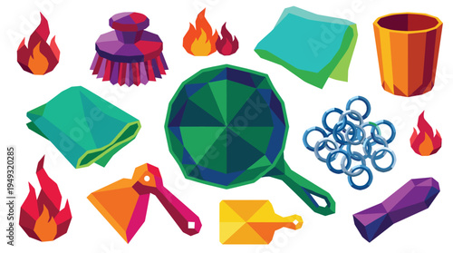 A collection of low-poly style camping and cleaning items, including a skillet and flames, is scattered on a white background.