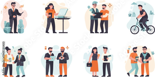 Diverse group of people interacting in various casual and business settings