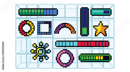 A collection of colorful pixel art video game UI elements like health bars and loading icons is displayed on a gridded background.