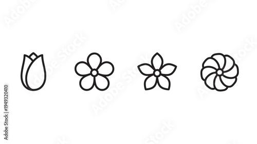 Floral icon set with outline style tulip, daisy, and pinwheel flower variations on a white background for design elements