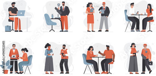 Diverse group of people interacting in various professional and social settings