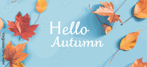 Autumn leaves falling with a cheerful greeting on a blue background