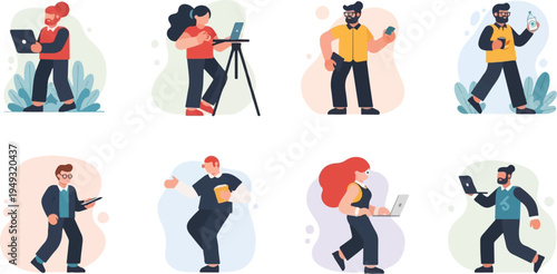 Diverse group of people using technology and engaging in daily activities