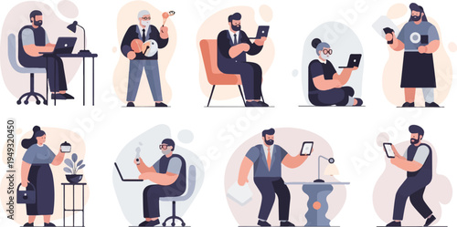 Diverse group of people using various electronic devices in simple flat illustration