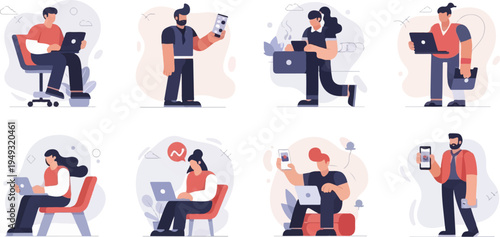 Diverse group of people working and communicating with digital devices, animated