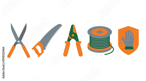 Five flat design icons of gardening tools, including shears, a saw, and pruners, are lined up against a white background.