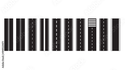 Road surface set with various lane markings and a pedestrian crossing, black and white graphic featuring asphalt, street, highway with marking and