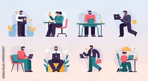 Diverse group of people working and interacting with technology in various settings