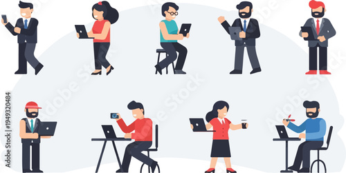 Diverse group of people using various portable electronic devices