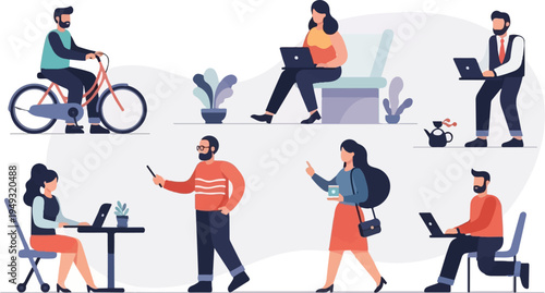 Diverse group of people working, cycling, and enjoying leisure in a modern, stylized setting