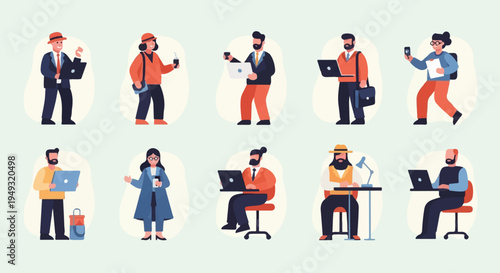 Diverse group of people working on laptops and using technology