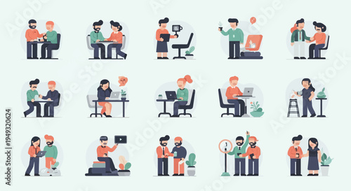 Diverse group of professionals collaborating, working, and interacting in various office settings