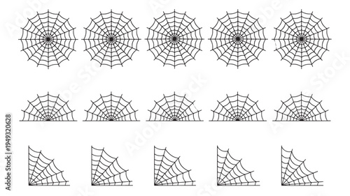 Spider webs, semicircles, and corners in black line art, set for Halloween decorations featuring cobweb, spiderweb, vector with graphic and element