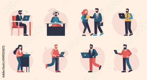 Diverse group of professionals engaged in various office tasks and interactions