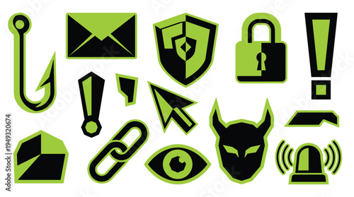Fourteen black and lime green cybersecurity icons, including a phishing hook and padlock, are arranged on a white background.