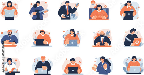 Diverse group of professionals engaged in various work activities