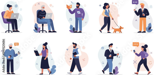 Diverse individuals engage in various daily activities, including work and leisure