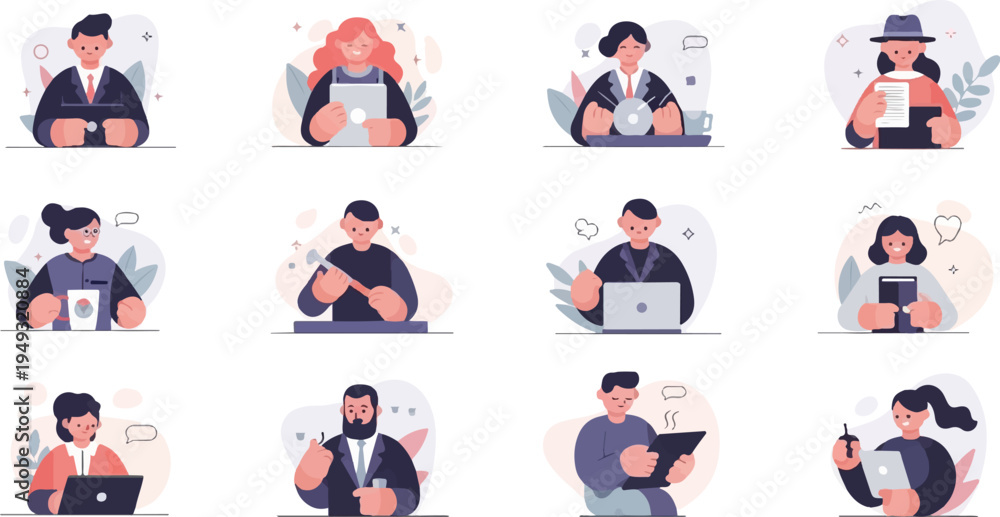 Fototapeta premium Diverse cartoon professionals engage in daily office tasks, holding gadgets, documents, and drinks