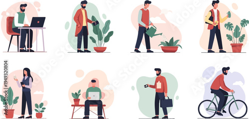 Diverse group of people engaged in various modern activities with plants