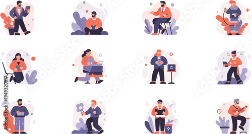 Diverse individuals engage in various daily activities, showcasing work and leisure