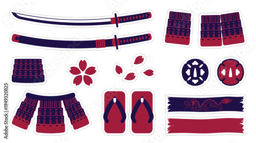 A collection of twelve samurai-themed sticker illustrations, including katanas and armor, is shown in a red and purple palette.