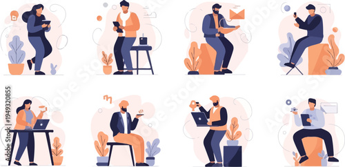 Diverse individuals engage in various daily activities with technology and plants