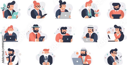 Diverse cartoon professionals interacting with technology and plants