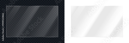 Realistic transparent shiny glossy glass panel with light glare reflective surface effect overlay, shiny transparent plastic panel, clear plastic sheets with reflection on transparent and white backgr