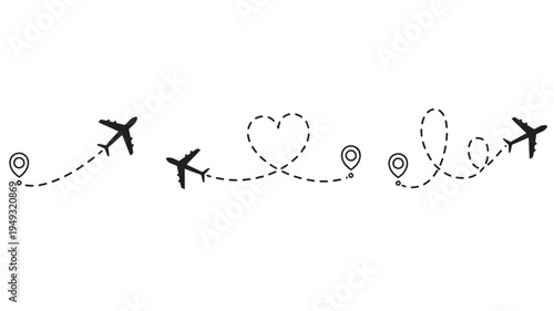 Airplanes with dotted flight paths and location pins, representing travel routes and destinations on a white background.