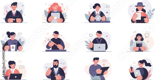 Diverse cartoon professionals engage in daily office tasks, holding gadgets, documents, and drinks