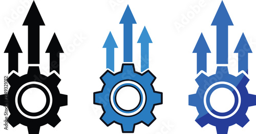 Three upward pointing arrows emerging from a gear mechanism in black and blue cogwheel growth