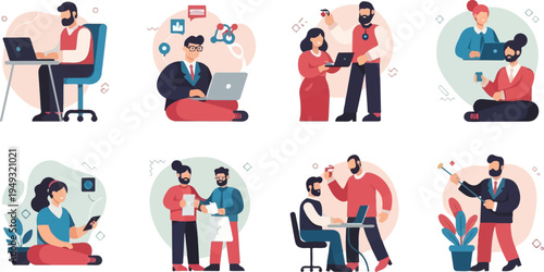 Diverse individuals engage in various digital and collaborative tasks