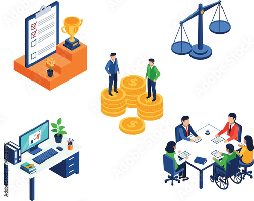 Business management and office work isometric icons set finance teamwork balance scale checklist desk vector illustration isolated