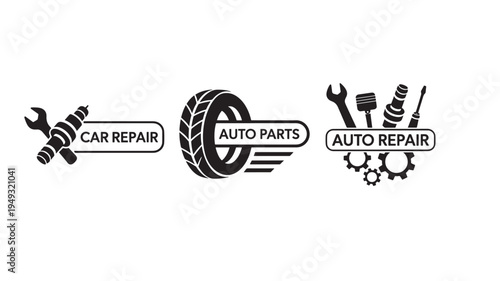 Car repair and auto parts icons with wrenches, spark plugs, tires, pistons, screwdrivers, and gears featuring automotive, mechanic, service with