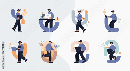 Diverse individuals engage in various digital tasks and activities in stylized illustrations