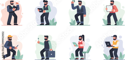Diverse cartoon characters with beards, engaged in various professional and leisure activities