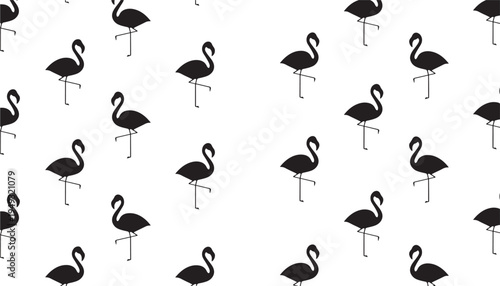 Flamingo silhouettes with black color scattered across a white background in a seamless pattern design.