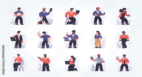 Diverse cartoon characters in various poses, holding devices and looking engaged