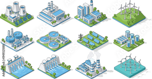 Energy production facilities collection including power plant wind turbines solar panels and hydroelectric dam vector illustration set
