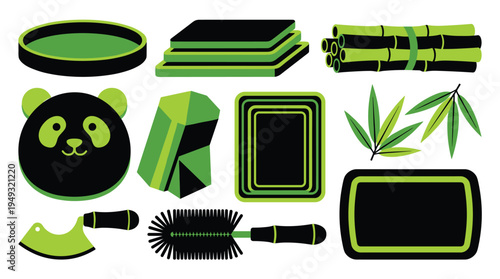 A graphic set of eleven panda and bamboo-themed objects in black and lime green is isolated on a white background.