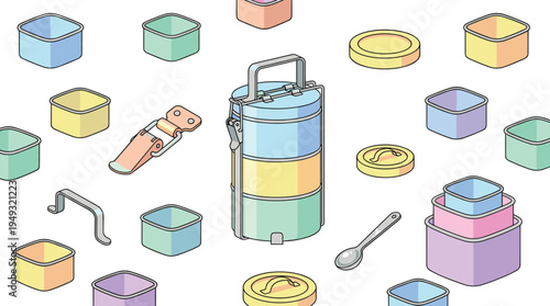 An isometric illustration shows a disassembled pastel-colored tiffin box with its various components scattered on a white background.