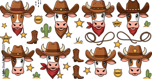 Cute Cowboy Cow Character Icon Set with Western Hat, Bandana, Boots, Sheriff Star, Cactus and Rope Elements for Wild West Cartoon Designs