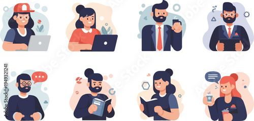 Diverse individuals engage in various modern activities, showing work and leisure