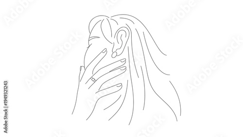 Woman's face partially covered by hand wearing a ring and earring, with flowing hair in a minimalist line art style.
