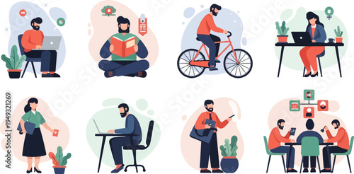 Diverse individuals engage in various modern work and leisure activities