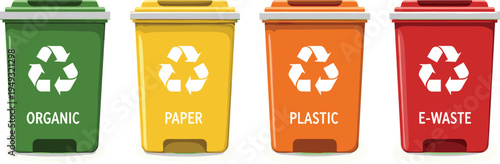 Recycling bins for organic paper plastic and electronic waste waste sorting environmental vector illustration set