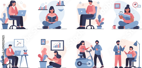 Diverse individuals engage in various productive home-based activities, working and relaxing